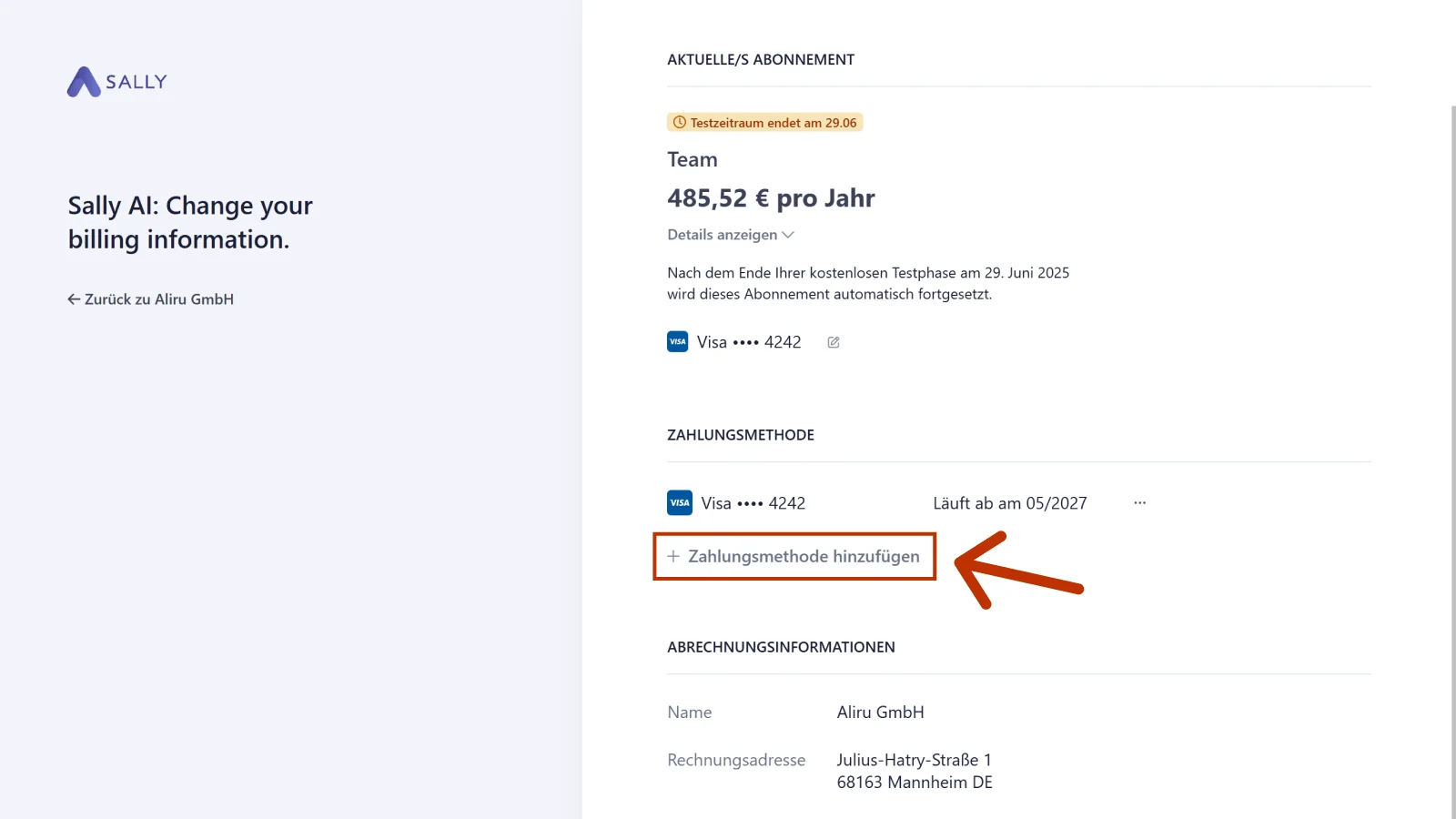 Kundenportal von Stripe mit dem Abschnitt Zahlungsmethode und dem markierten Eintrag Zahlungsmethode hinzufügen