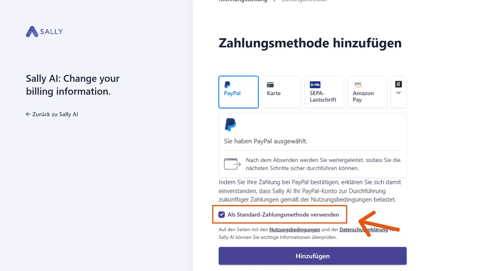 Dialog Zahlungsmethode hinzufügen mit den Kacheln PayPal, Karte, SEPA-Lastschrift und Amazon Pay sowie dem Häkchen für die Standard-Zahlungsmethode