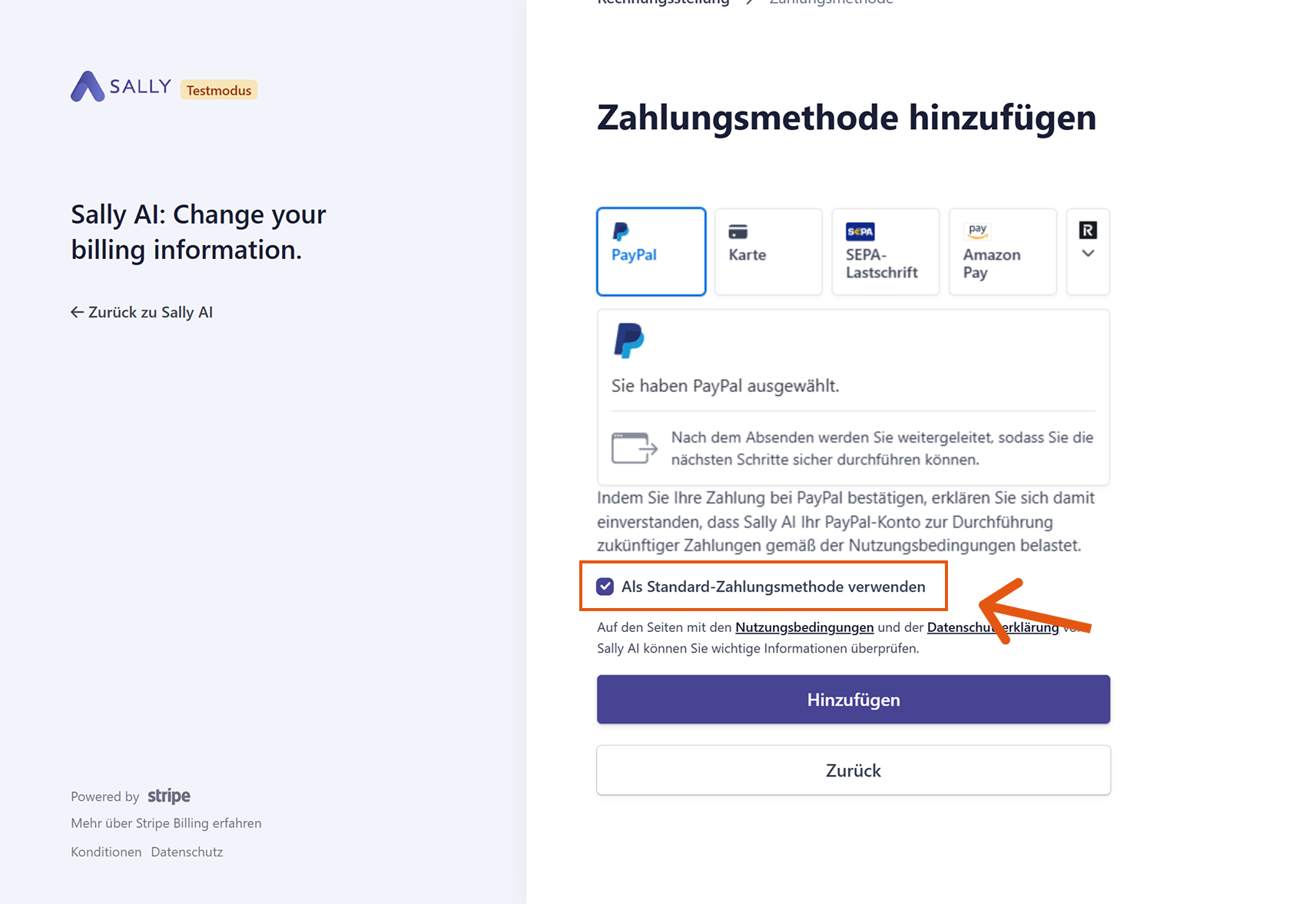 Zahlungsformular mit Optionen wie Karte, PayPal, SEPA, Google Pay, Revolut und Checkbox für Standardzahlung