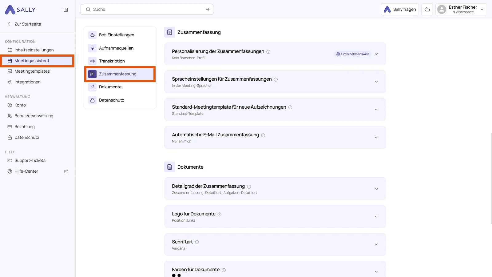 Reiter Zusammenfassung im Meetingassistenten mit den vier Einstellungskarten