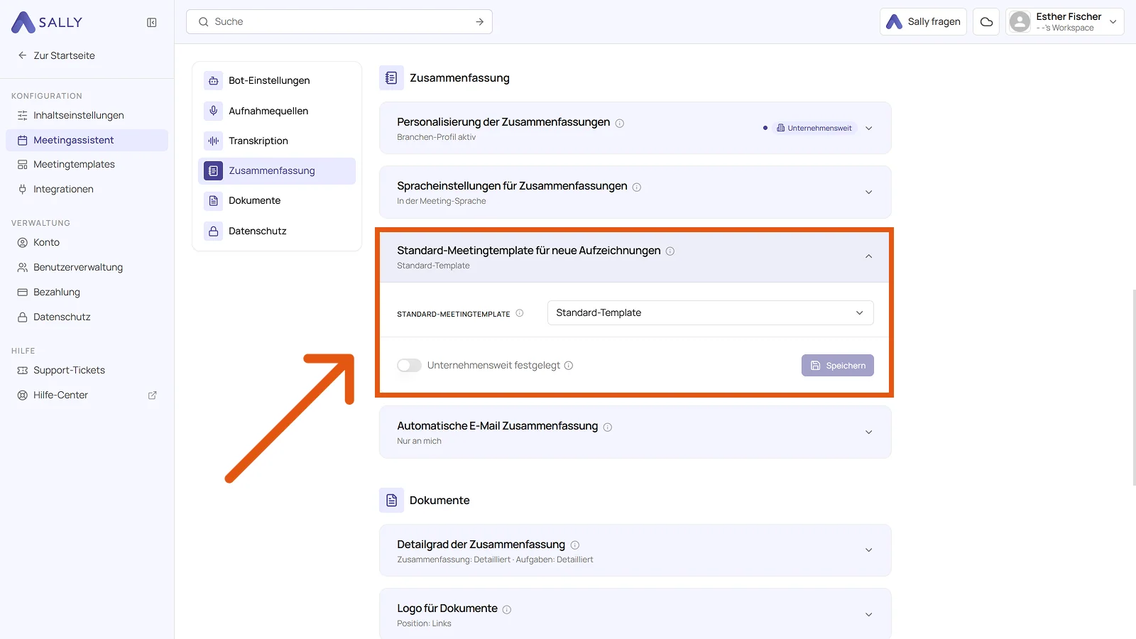 Karte Standard-Meetingtemplate für neue Aufzeichnungen mit der Auswahlliste des Templates