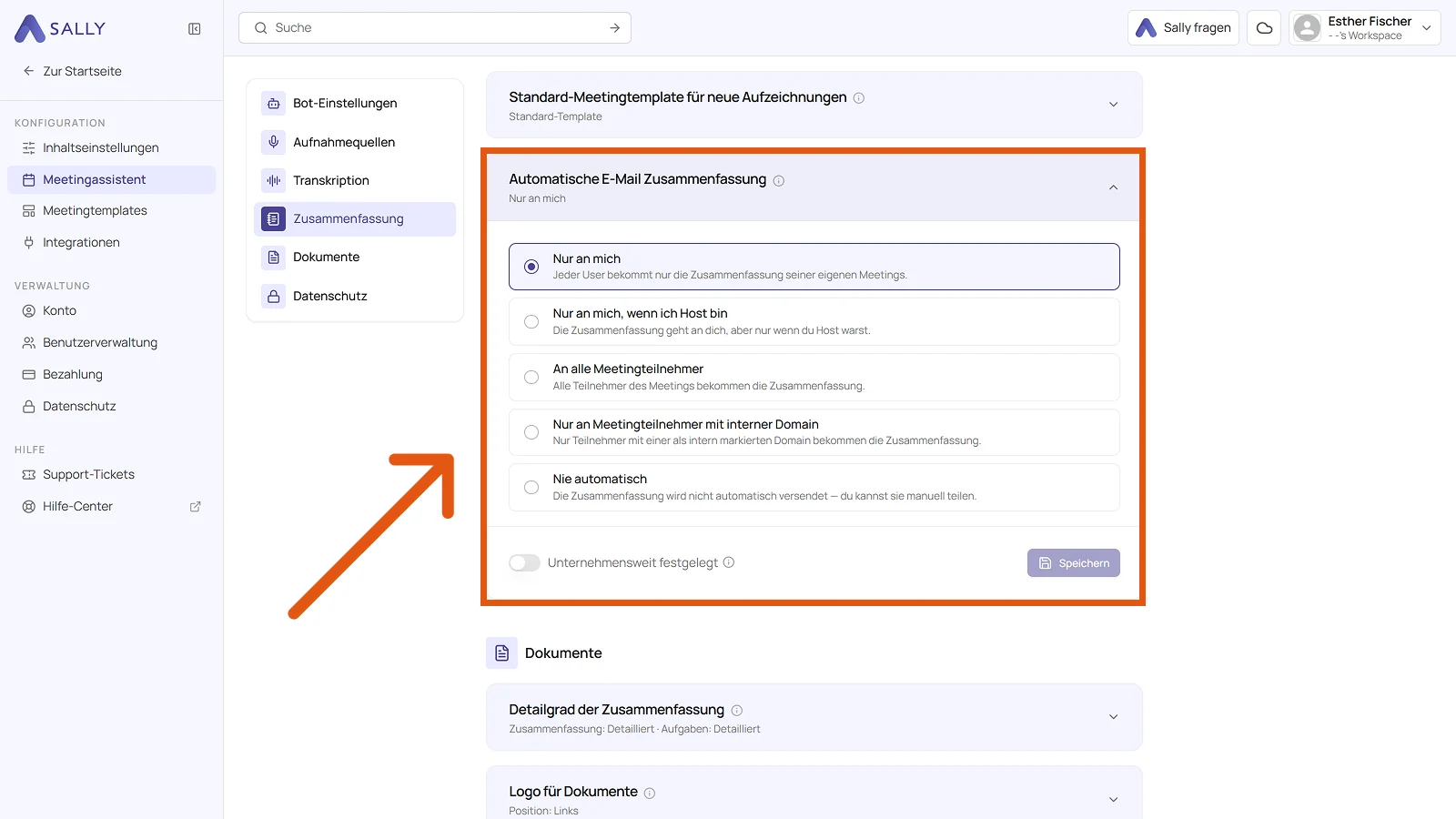 Karte Automatische E-Mail Zusammenfassung mit den fünf Optionen für die Empfänger