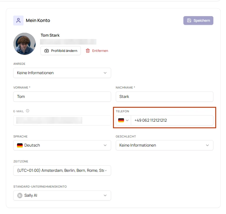 Reiter Mein Konto mit dem markierten Feld Telefon und seiner Länderauswahl