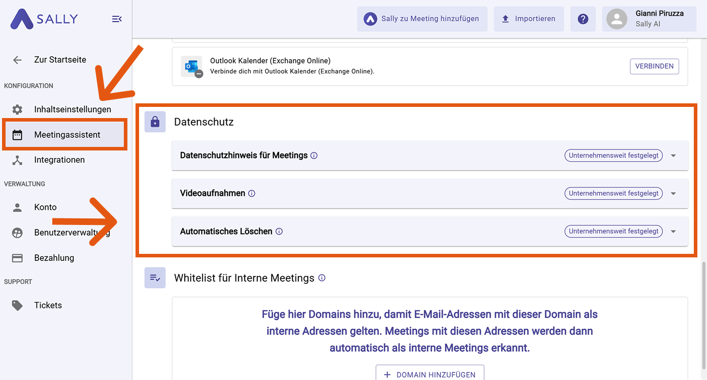 Einstellungsansicht mit ausgewähltem Meetingassistent und hervorgehobenen Datenschutzeinstellungen
