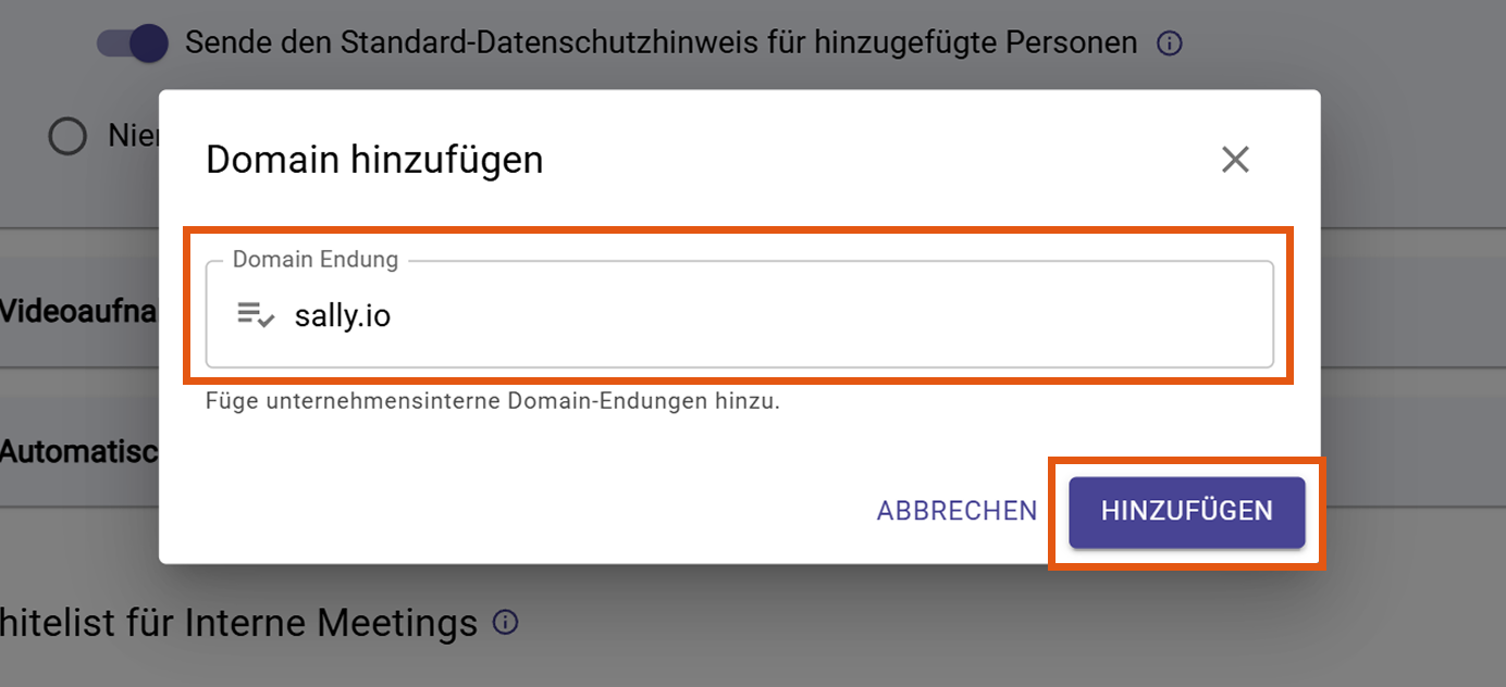 Dialogfeld zum Hinzufügen einer Domain mit hervorgehobener Eingabe und Hinzufügen-Button