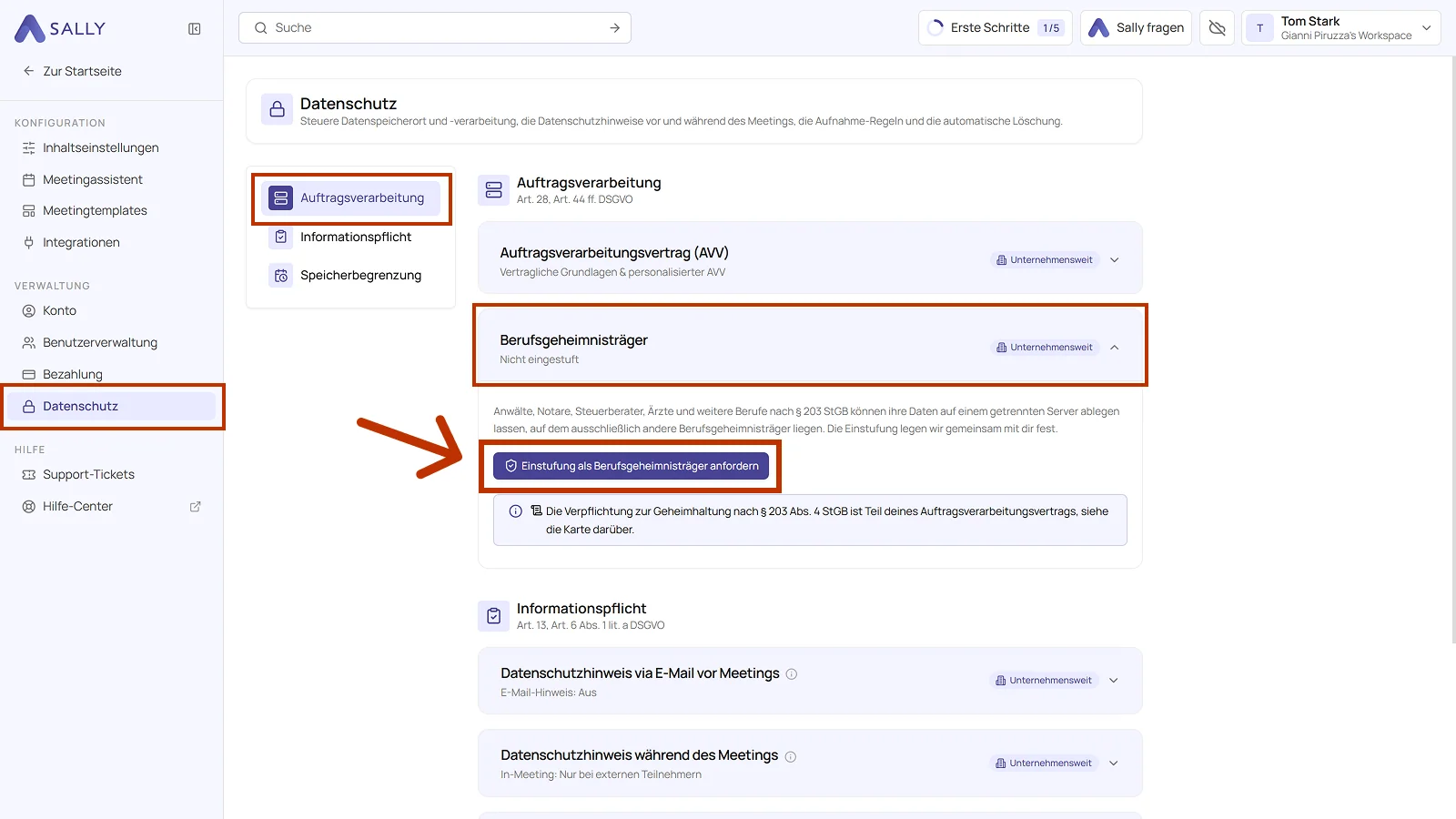 Datenschutz-Einstellungen mit dem markierten Weg von Datenschutz über Auftragsverarbeitung zur Karte Berufsgeheimnisträger und ihrem Knopf zum Anfordern