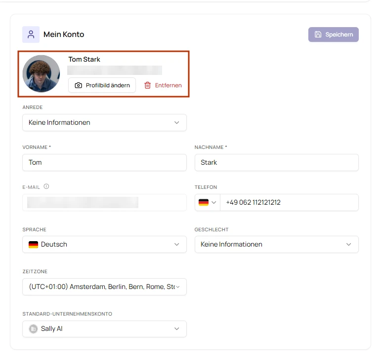Reiter Mein Konto mit markiertem Profilbild und den Schaltflächen Profilbild ändern und Entfernen