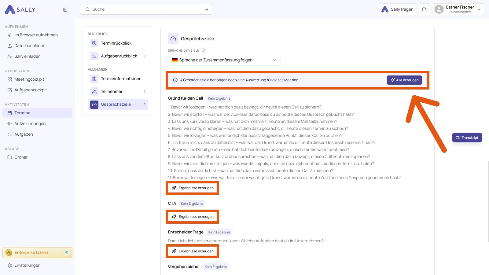 Gesprächsziele eines Meetings mit dem umrandeten Hinweis auf die fehlende Auswertung, dem Knopf Alle erzeugen und einem umrandeten Knopf Ergebnisse erzeugen