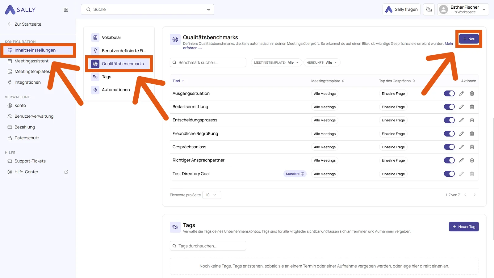 Inhaltseinstellungen mit der Liste der Qualitätsbenchmarks und dem Button Neu oben rechts