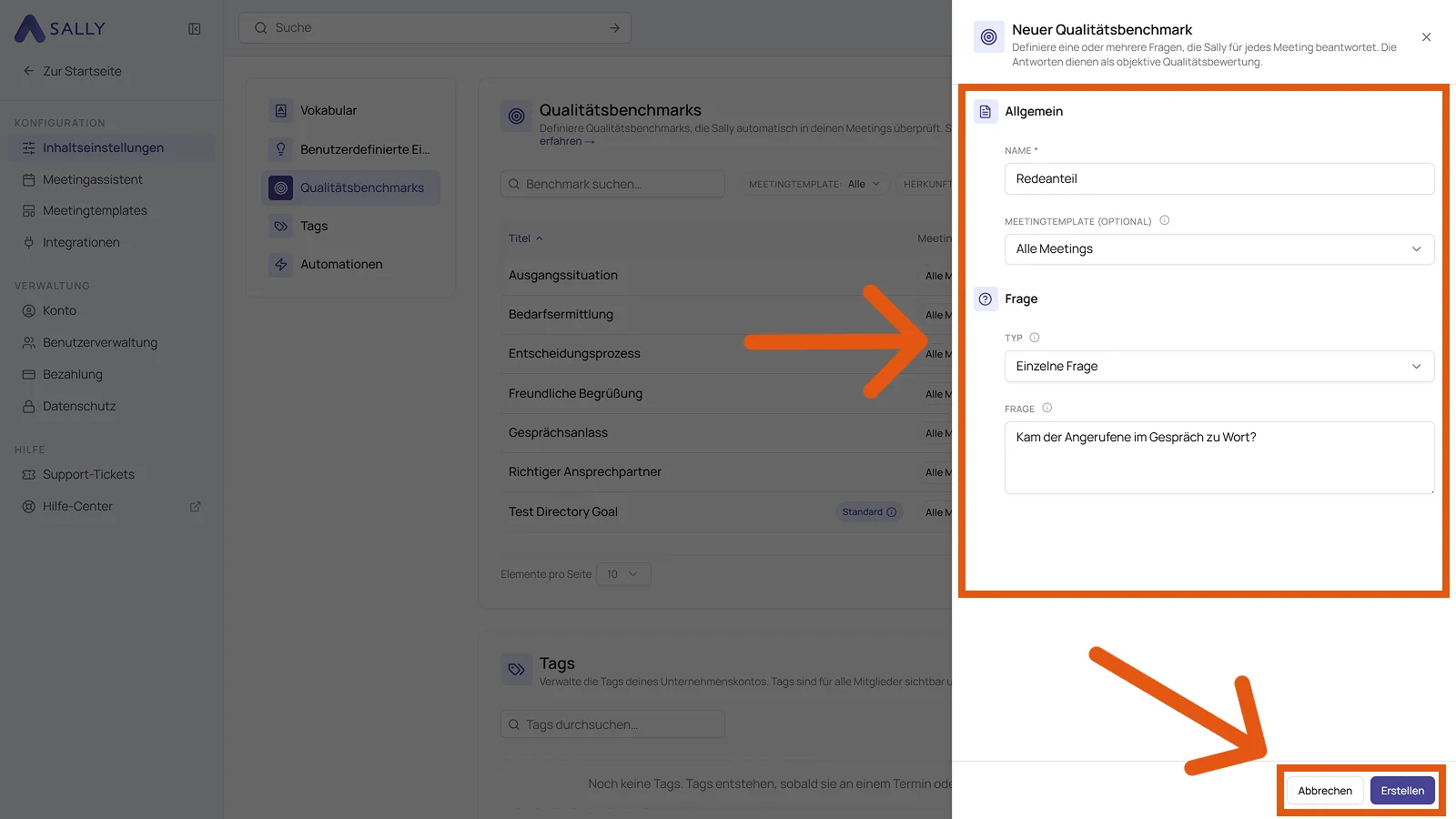 Panel Neuer Qualitätsbenchmark mit den Bereichen Allgemein und Frage
