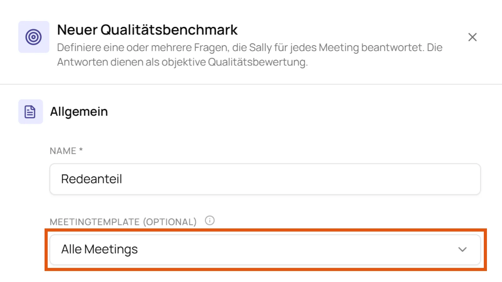 Feld Meetingtemplate im Bereich Allgemein mit der Vorbelegung Alle Meetings