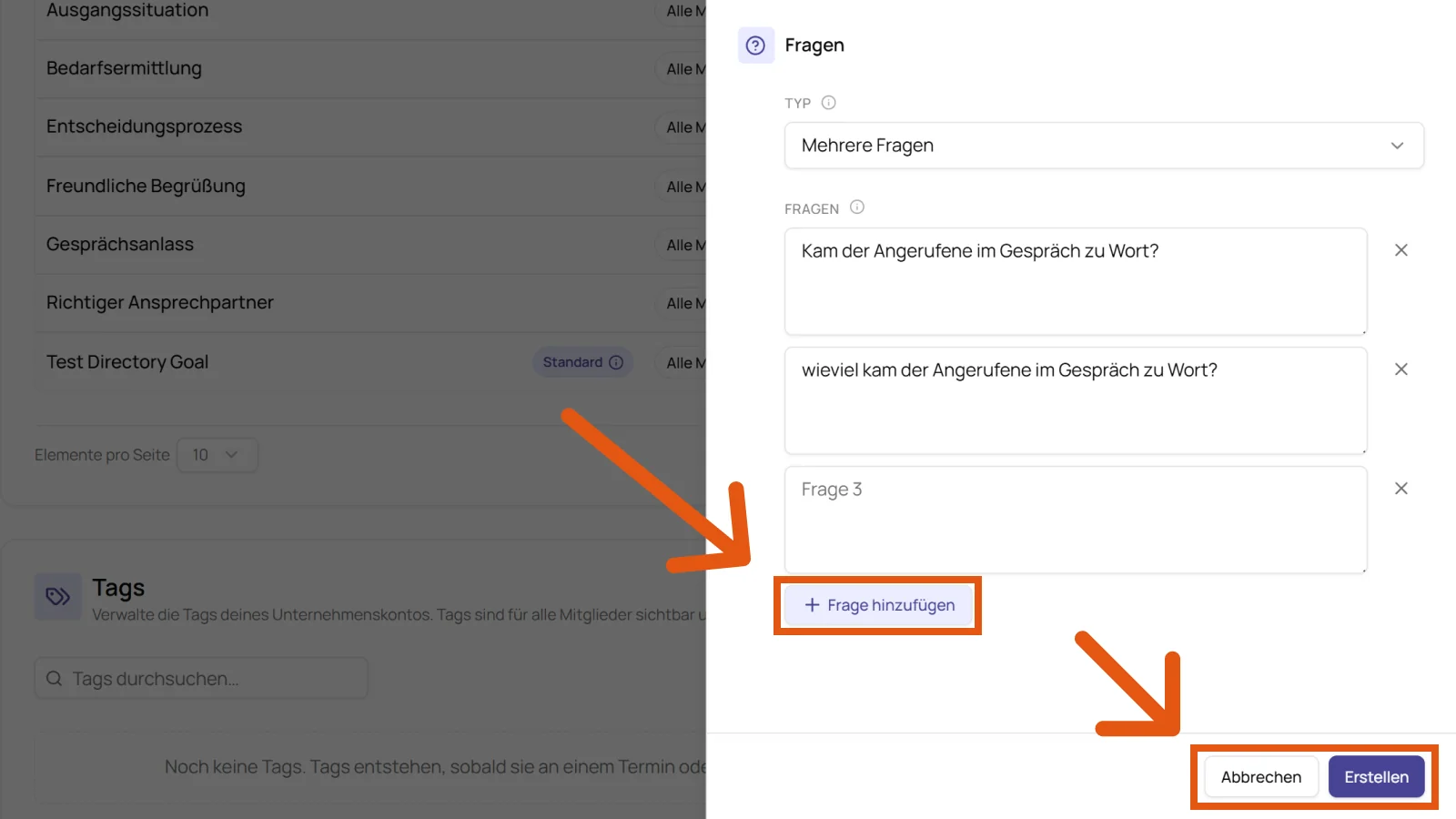 Bereich Fragen mit dem Typ Mehrere Fragen, zwei ausformulierten Fragen und dem Button Frage hinzufügen