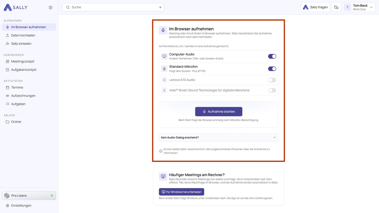 Umrandeter Bereich Im Browser aufnehmen mit den Aufnahmequellen, dem Startknopf und den Hinweisen darunter