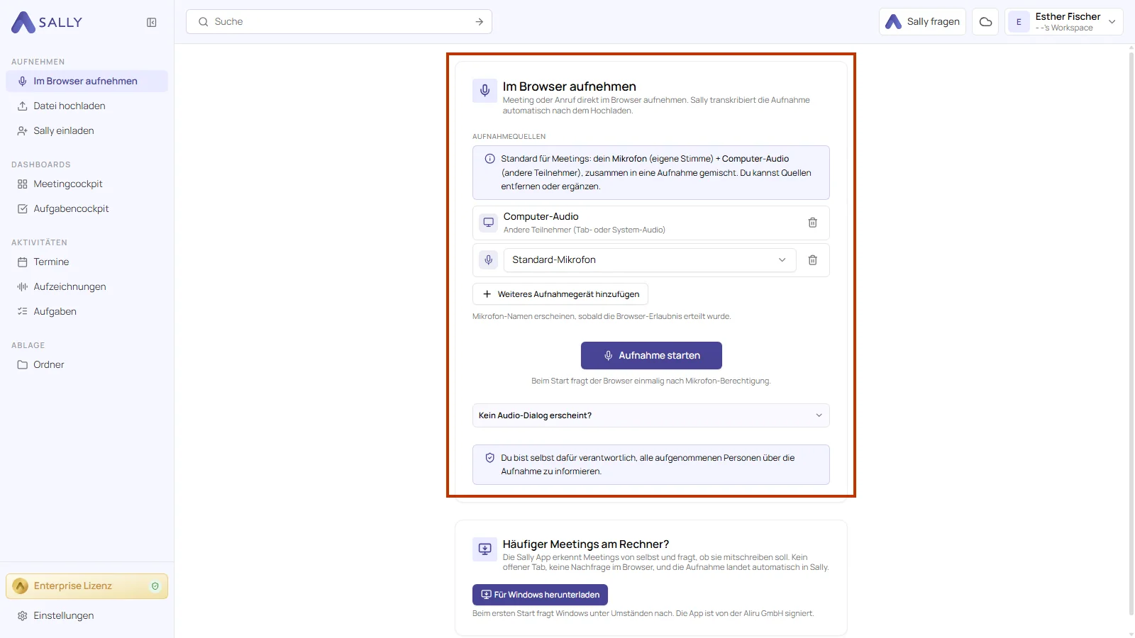 Geöffneter Bereich Im Browser aufnehmen mit den Aufnahmequellen, dem Startknopf und den Hinweisen darunter