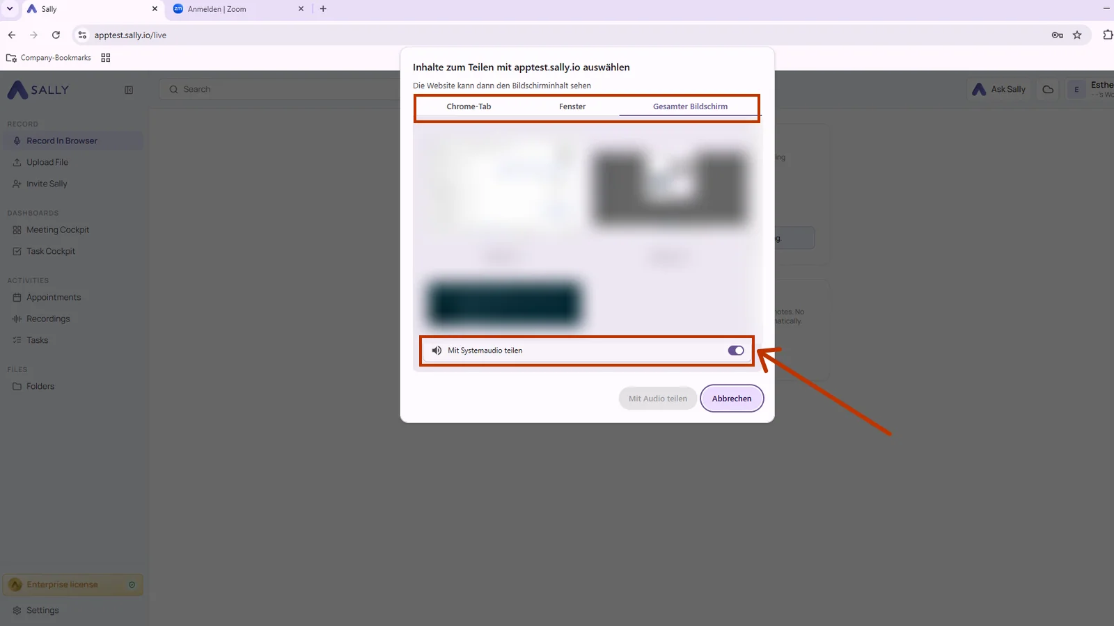 Freigabe-Dialog des Browsers mit der Auswahl aus Tab, Fenster und gesamtem Bildschirm sowie dem eingeschalteten Schalter für den Systemton