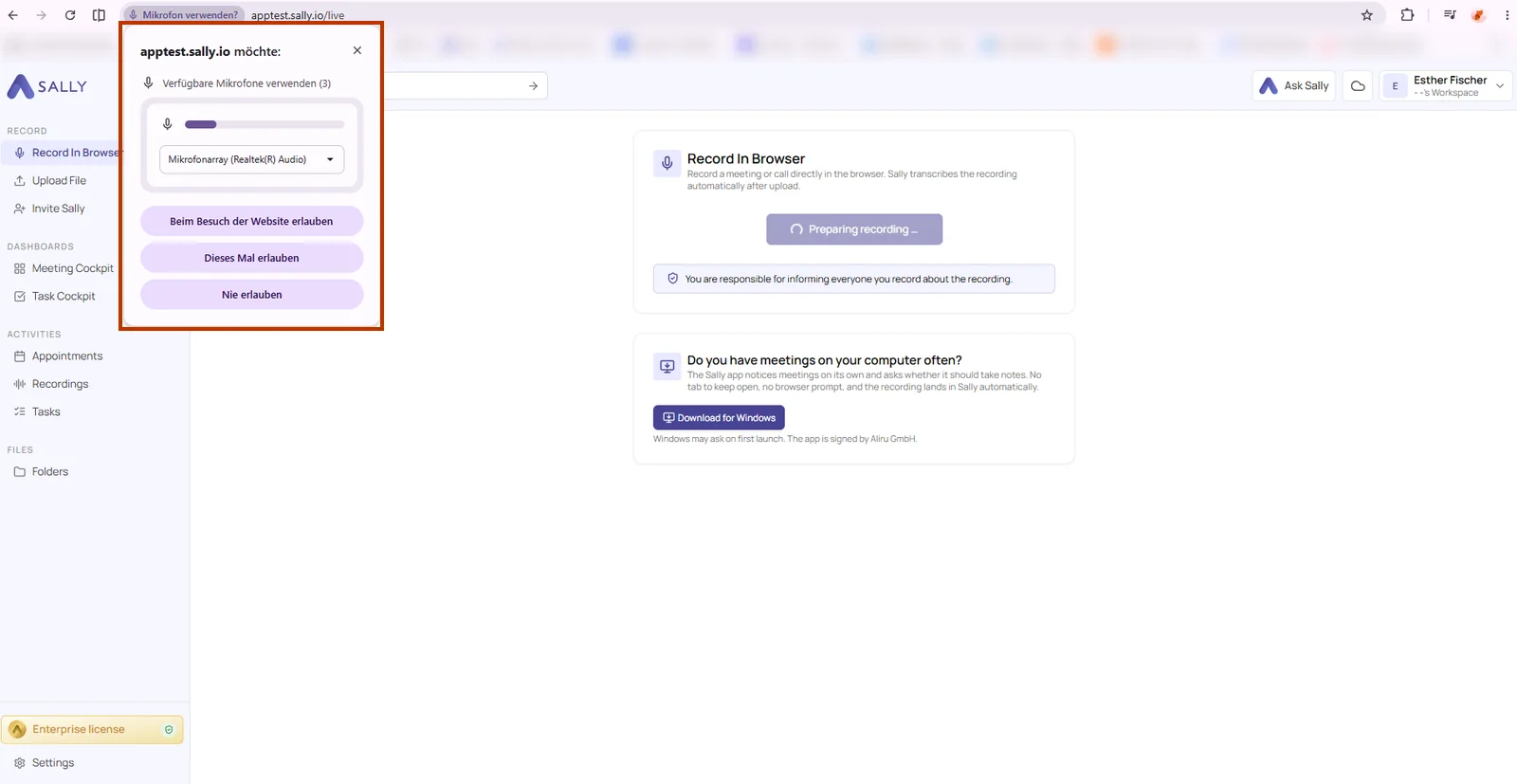Nachfrage des Browsers nach dem Mikrofon mit der Geräteauswahl und den Knöpfen zum Erlauben