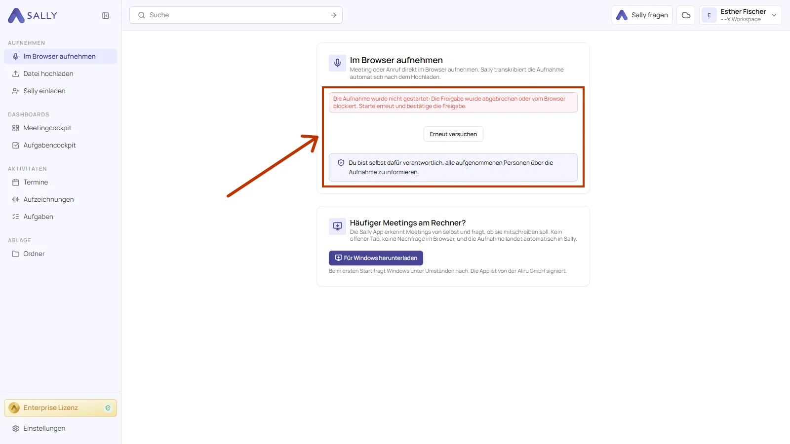 Bereich Im Browser aufnehmen mit dem Hinweis auf die nicht gestartete Aufnahme und dem Knopf Erneut versuchen
