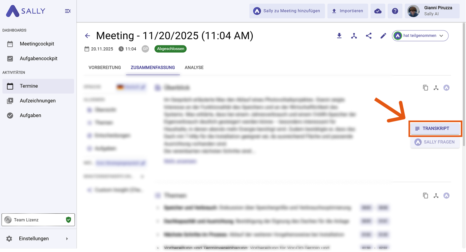 Open the transcript panel