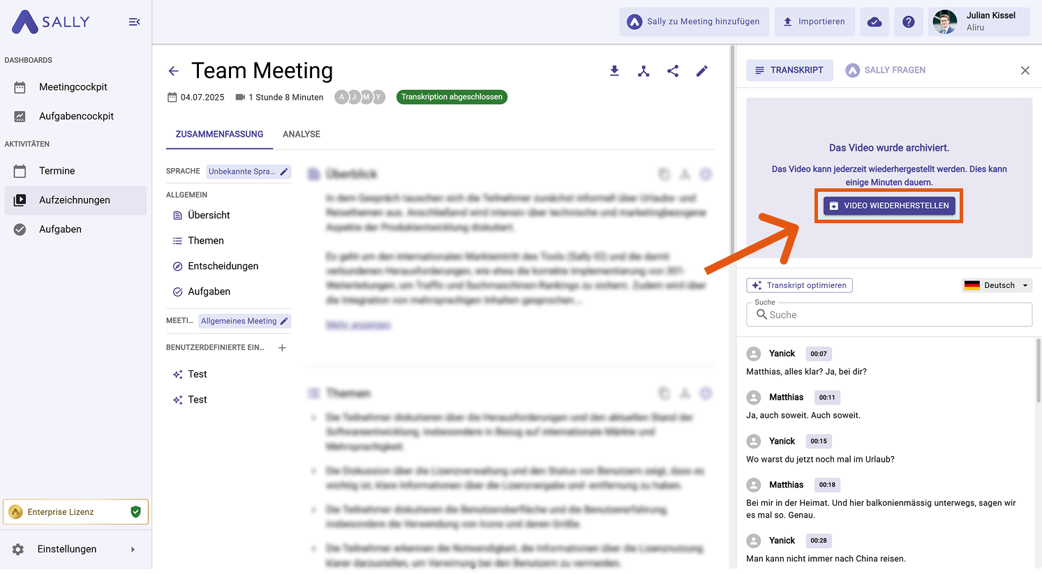 Restore archived video in Sally