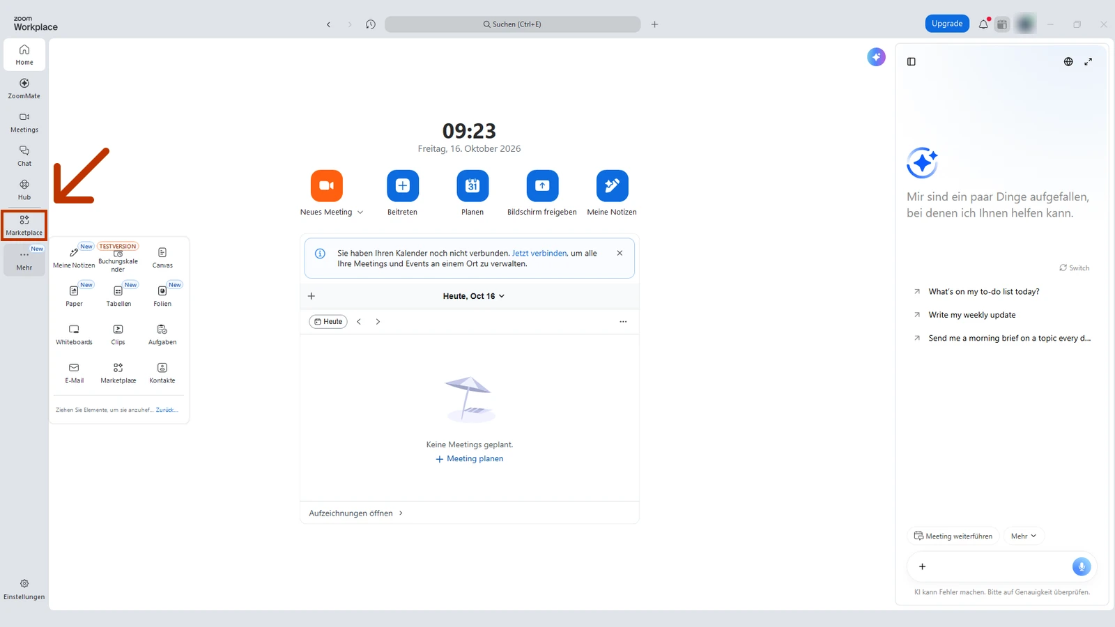 Zoom-Desktop-App mit dem markierten Eintrag Marketplace in der linken Leiste