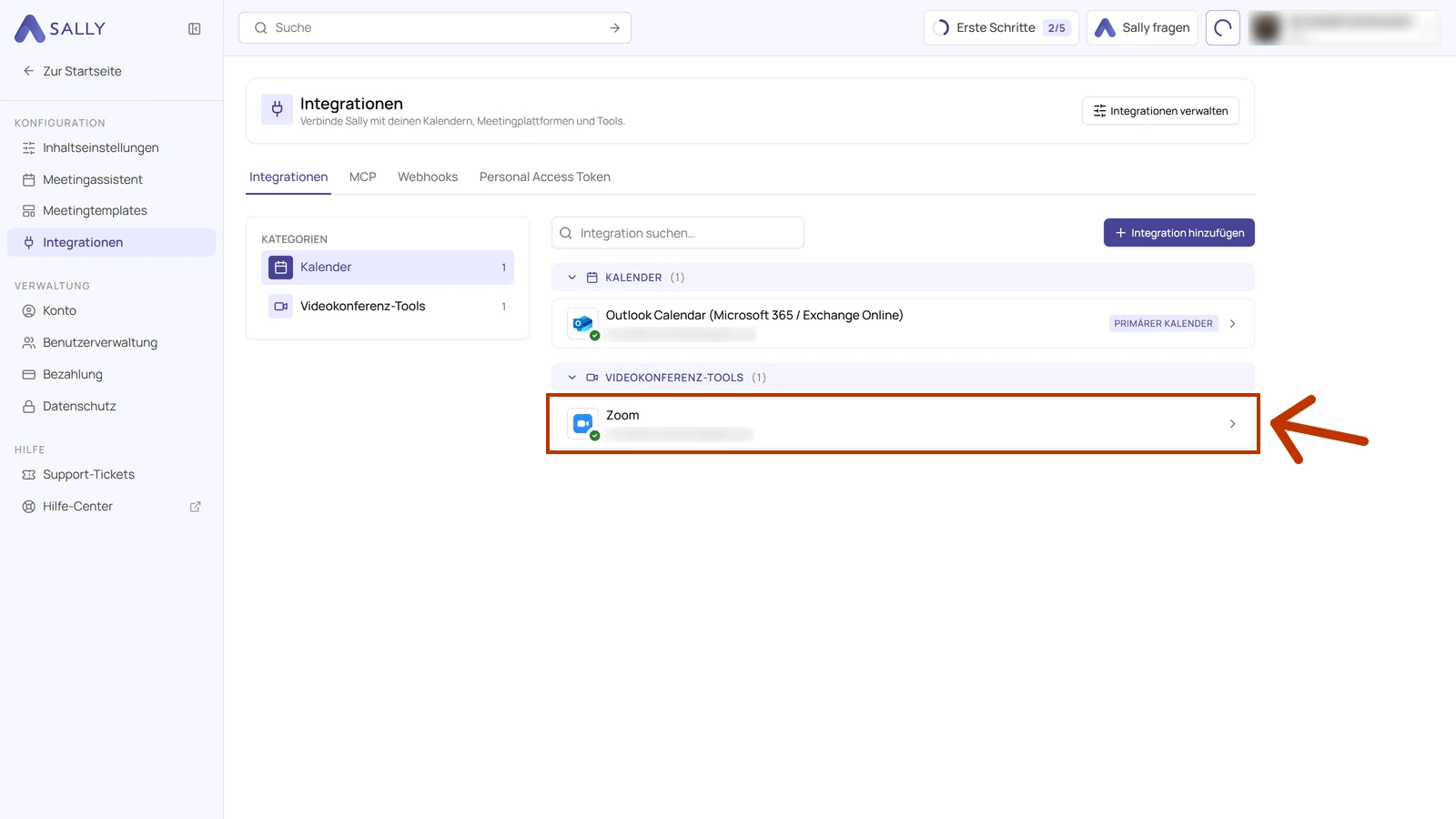 Integrationsseite in Sally, markiert ist die verbundene Zoom-Integration unter Videokonferenz-Tools