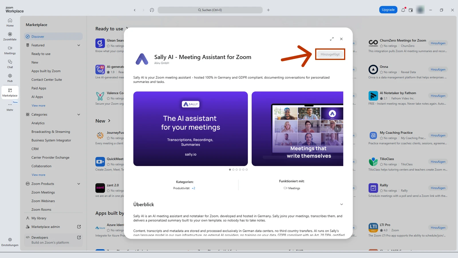 Eintrag Sally AI - Meeting Assistant for Zoom im Marketplace mit dem markierten Status Hinzugefügt