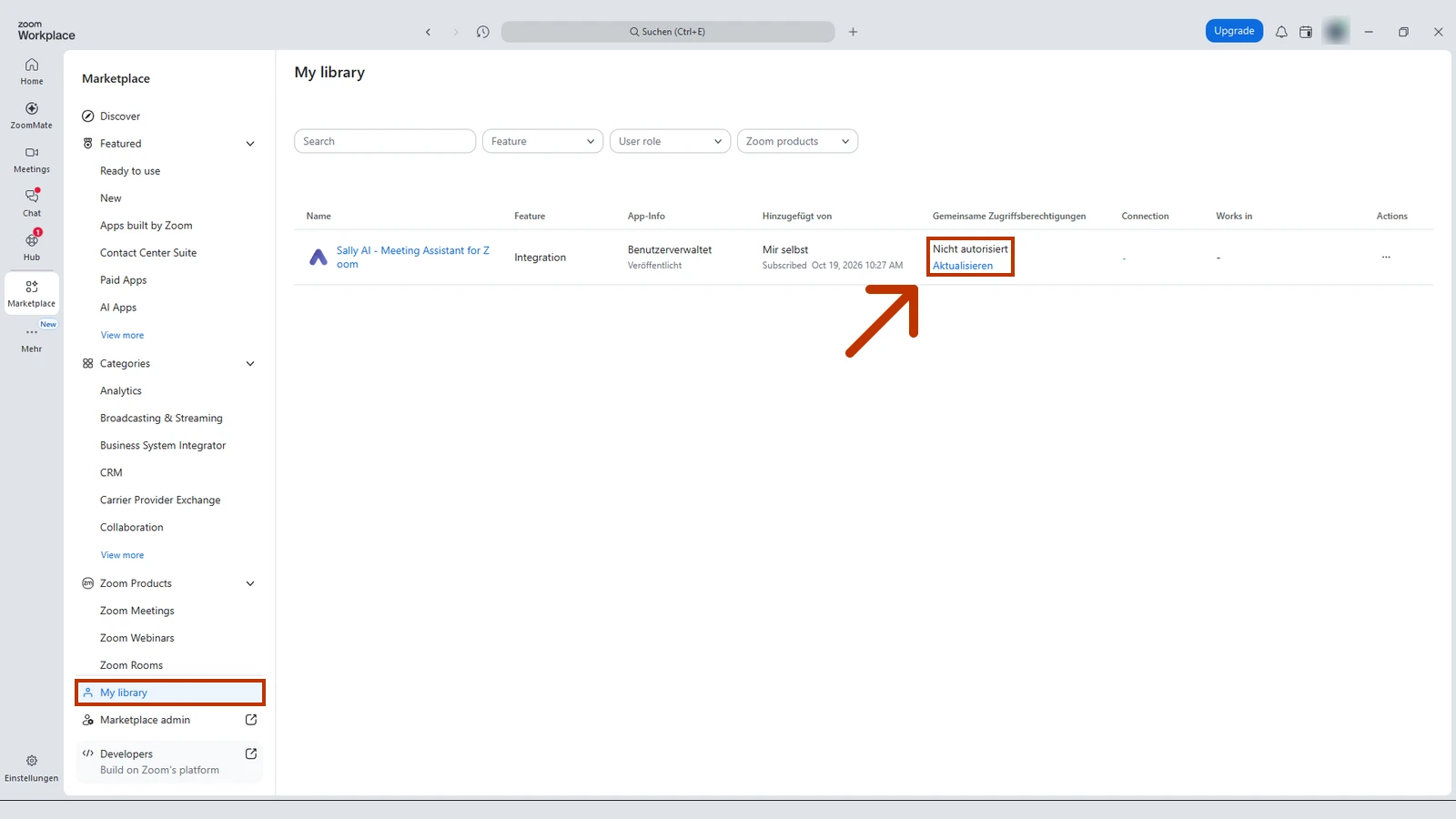 Zoom Marketplace, markiert sind der Menüpunkt My library und der Status Nicht autorisiert mit dem Link Aktualisieren