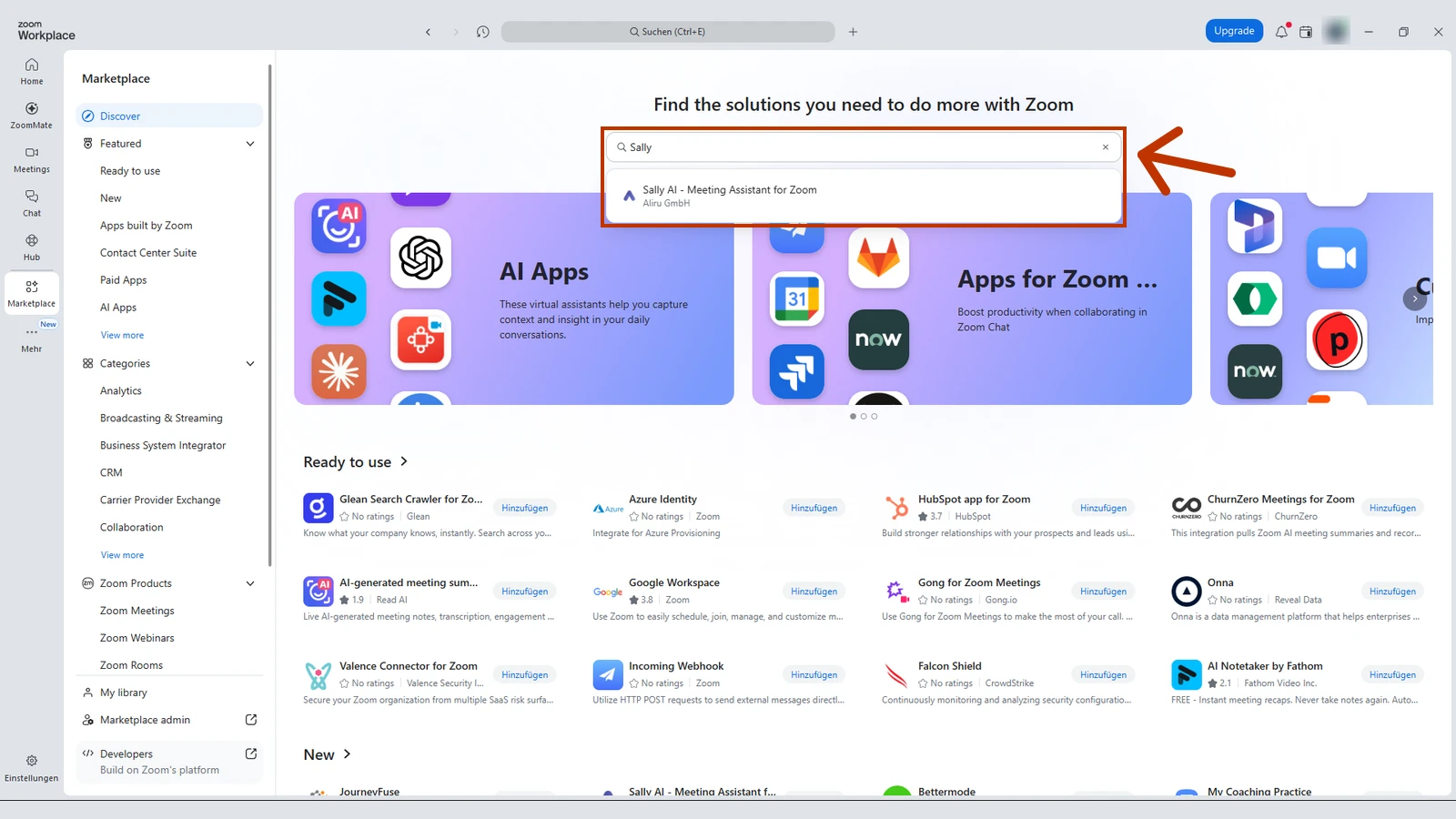 Zoom App Marketplace, markiert sind die Suche nach Sally und der Treffer Sally AI - Meeting Assistant for Zoom