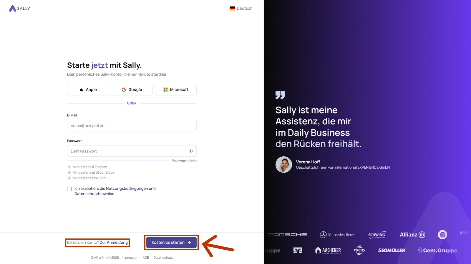 Registrierungsseite von Sally mit dem markierten Button Kostenlos starten und dem markierten Link Zur Anmeldung