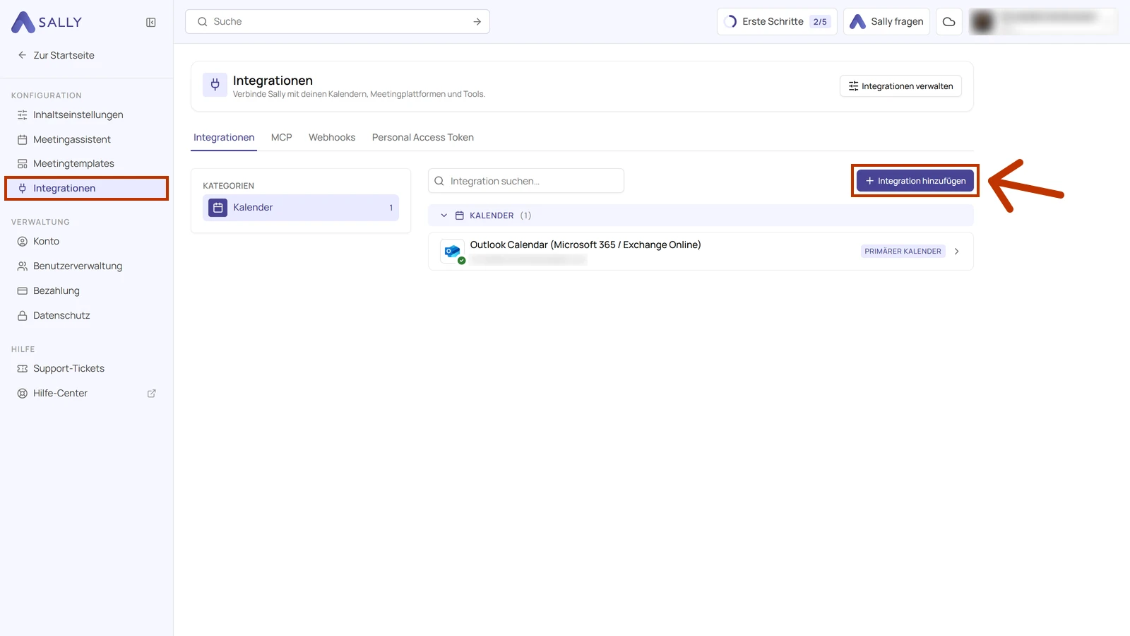 Integrationsseite in Sally mit dem markierten Menüpunkt Integrationen und dem markierten Button Integration hinzufügen