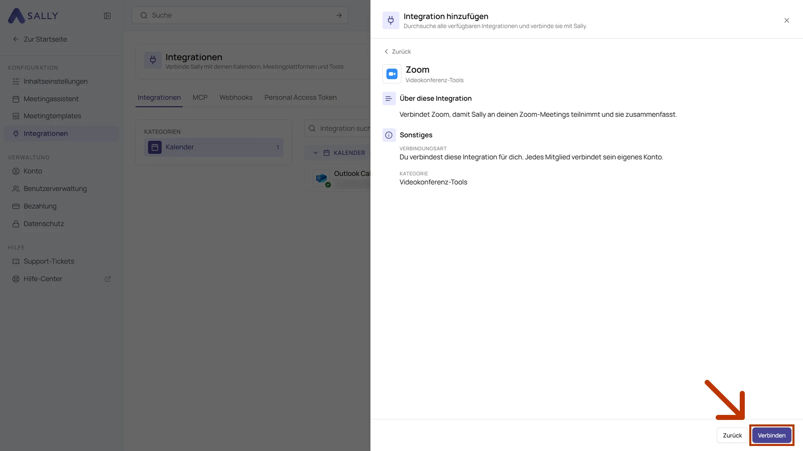 Beschreibung der Integration Zoom mit dem markierten Button Verbinden unten rechts