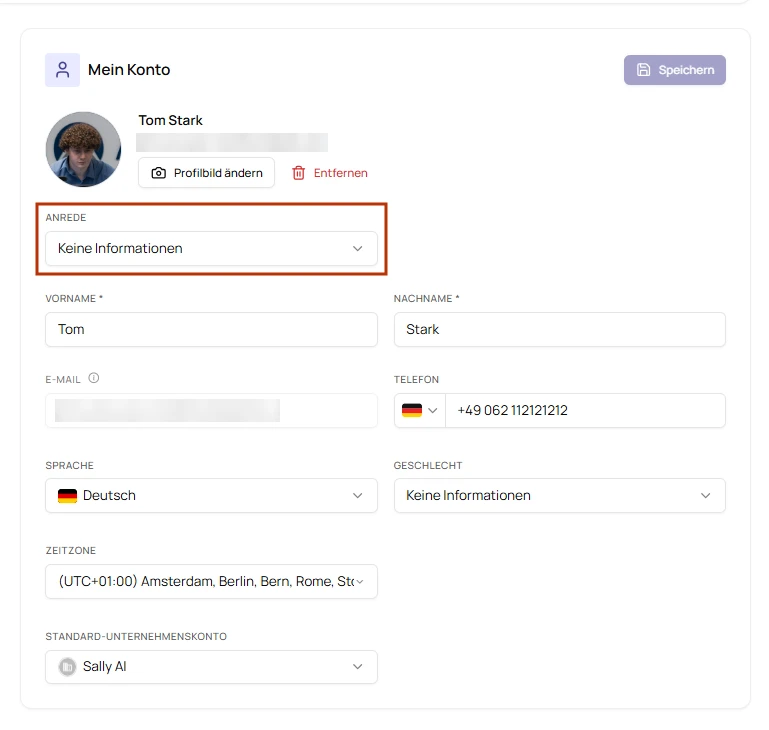 Reiter Mein Konto mit dem markierten Feld Anrede