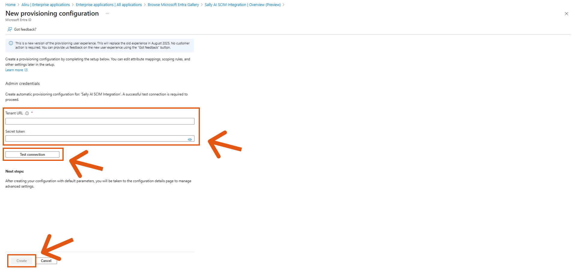 Tenant-URL und Token eingeben