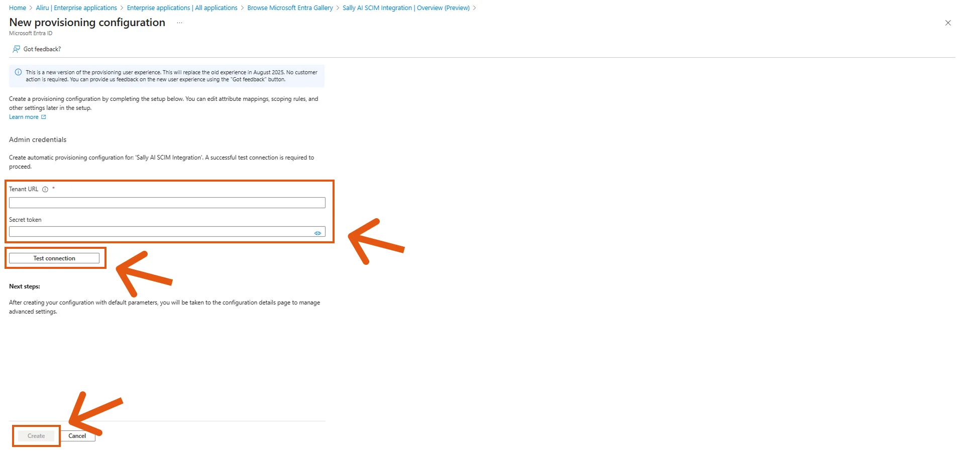 Tenant-URL und Token eingeben