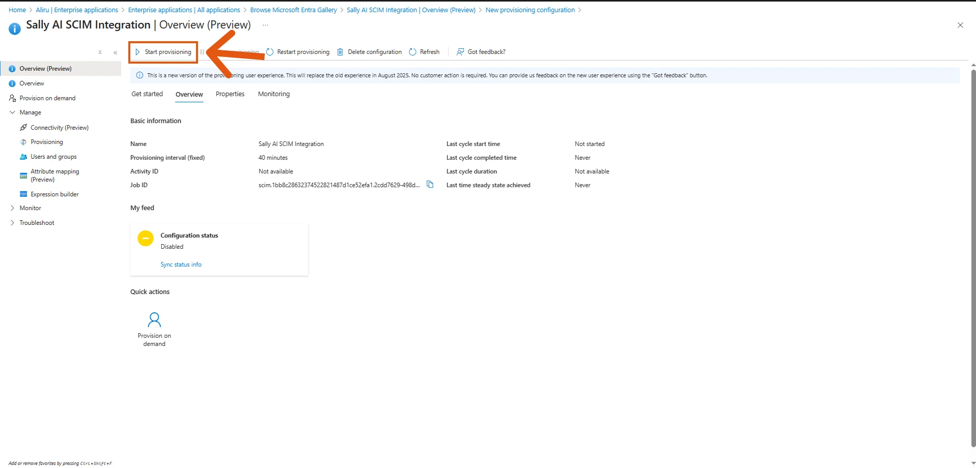 Microsoft Entra Provisioning-Seite mit hervorgehobenem Button 'Provisioning starten'