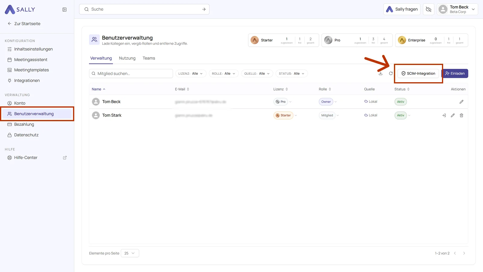 Benutzerverwaltung mit dem markierten Button SCIM-Integration oben rechts