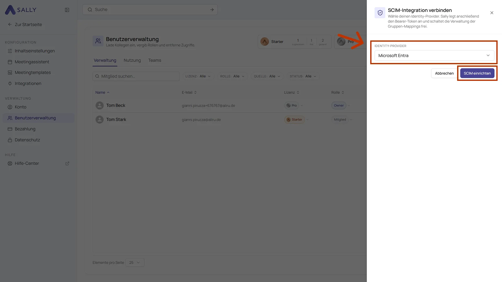 Bereich SCIM-Integration verbinden mit der Auswahl des Identity-Providers und dem Button SCIM einrichten