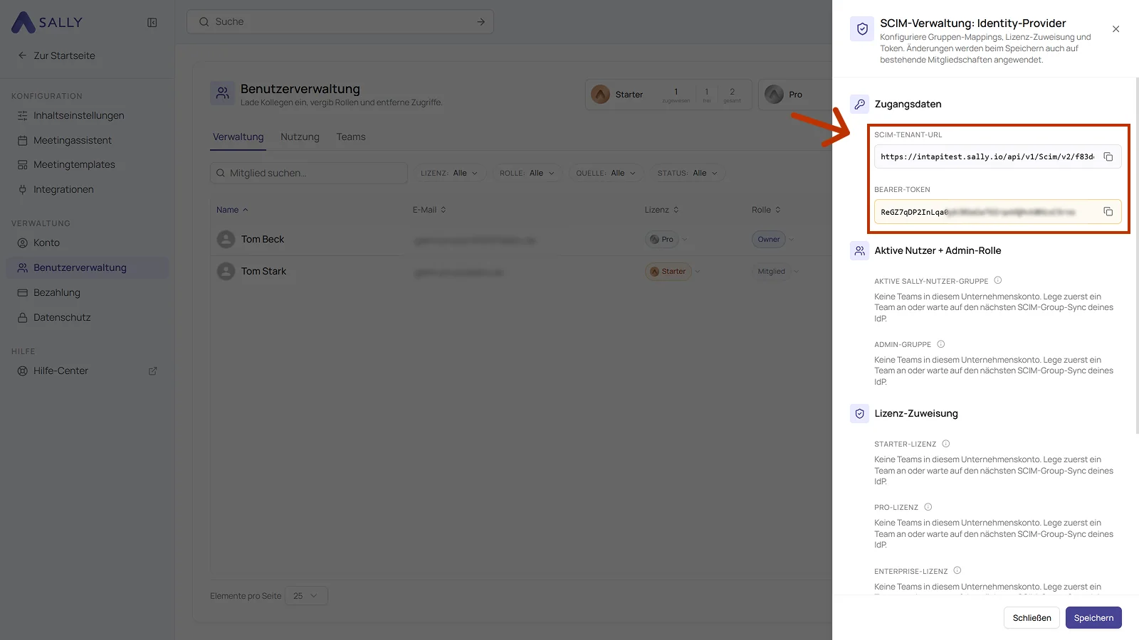Bereich SCIM-Verwaltung mit den markierten Zugangsdaten SCIM-Tenant-URL und Bearer-Token