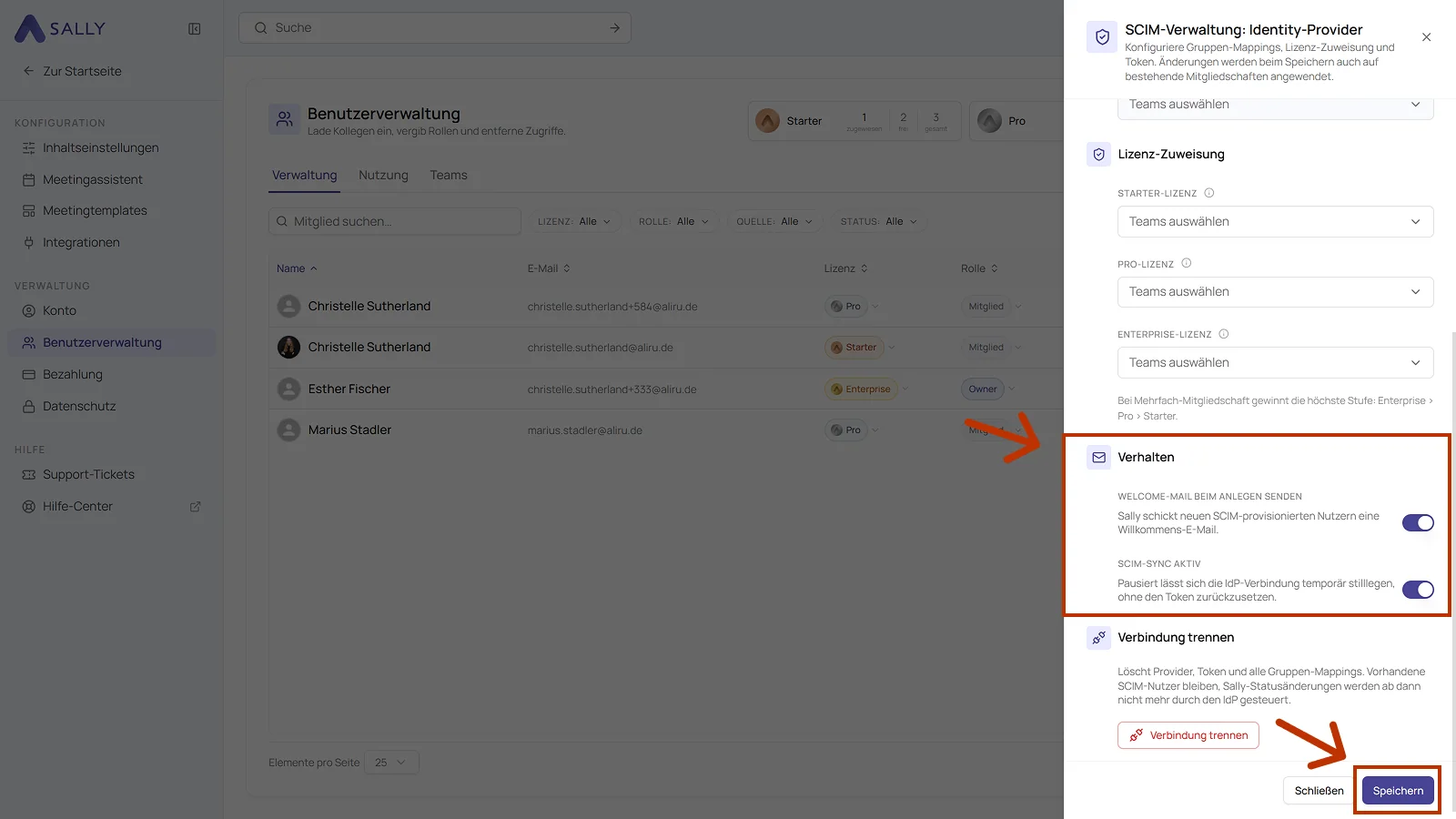 Unterer Teil des Panels mit dem Bereich Verhalten, den Schaltern Welcome-Mail und SCIM-Sync aktiv sowie dem Button Speichern
