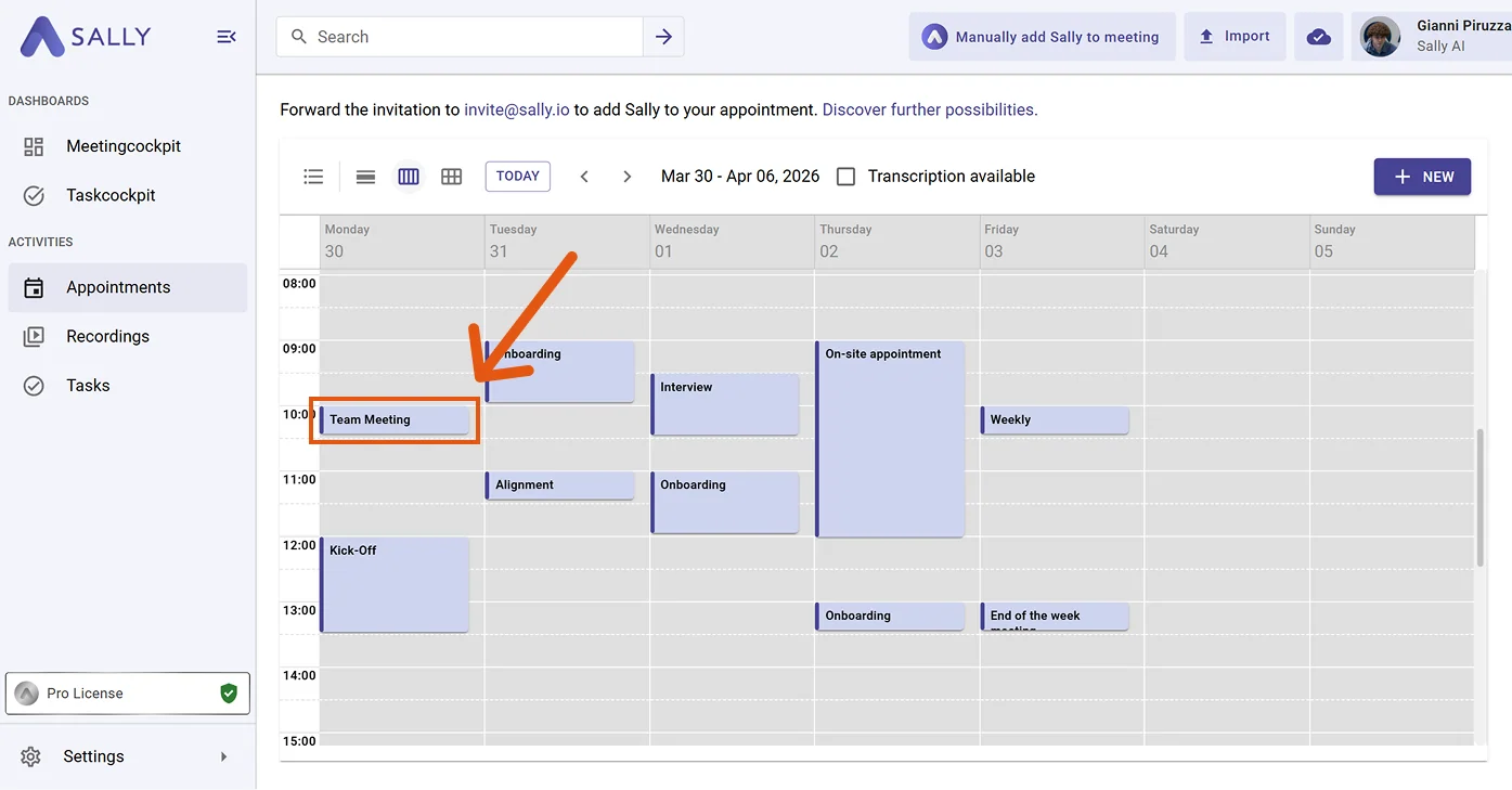 Meeting im Kalender auswählen