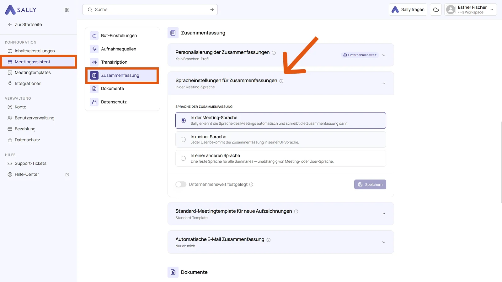 Reiter Zusammenfassung im Meetingassistent mit dem aufgeklappten Abschnitt Spracheinstellungen für Zusammenfassungen