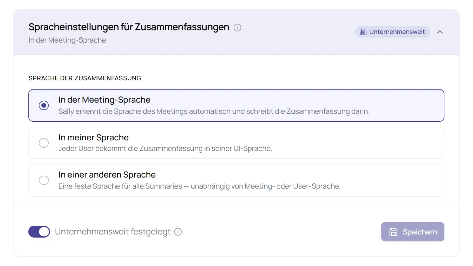 Abschnitt Spracheinstellungen für Zusammenfassungen mit der ausgewählten Option In der Meeting-Sprache