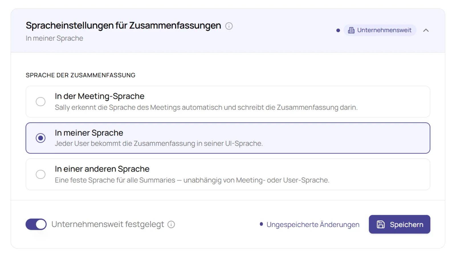 Abschnitt Spracheinstellungen für Zusammenfassungen mit der ausgewählten Option In meiner Sprache