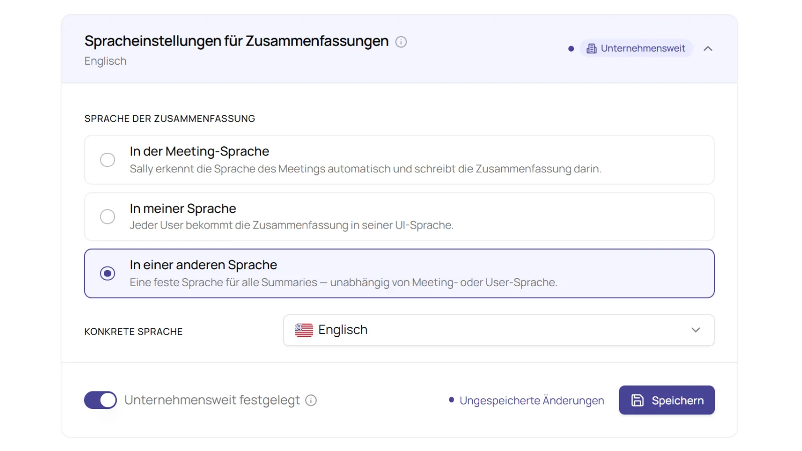 Abschnitt Spracheinstellungen für Zusammenfassungen mit der Option In einer anderen Sprache und der Auswahl Englisch