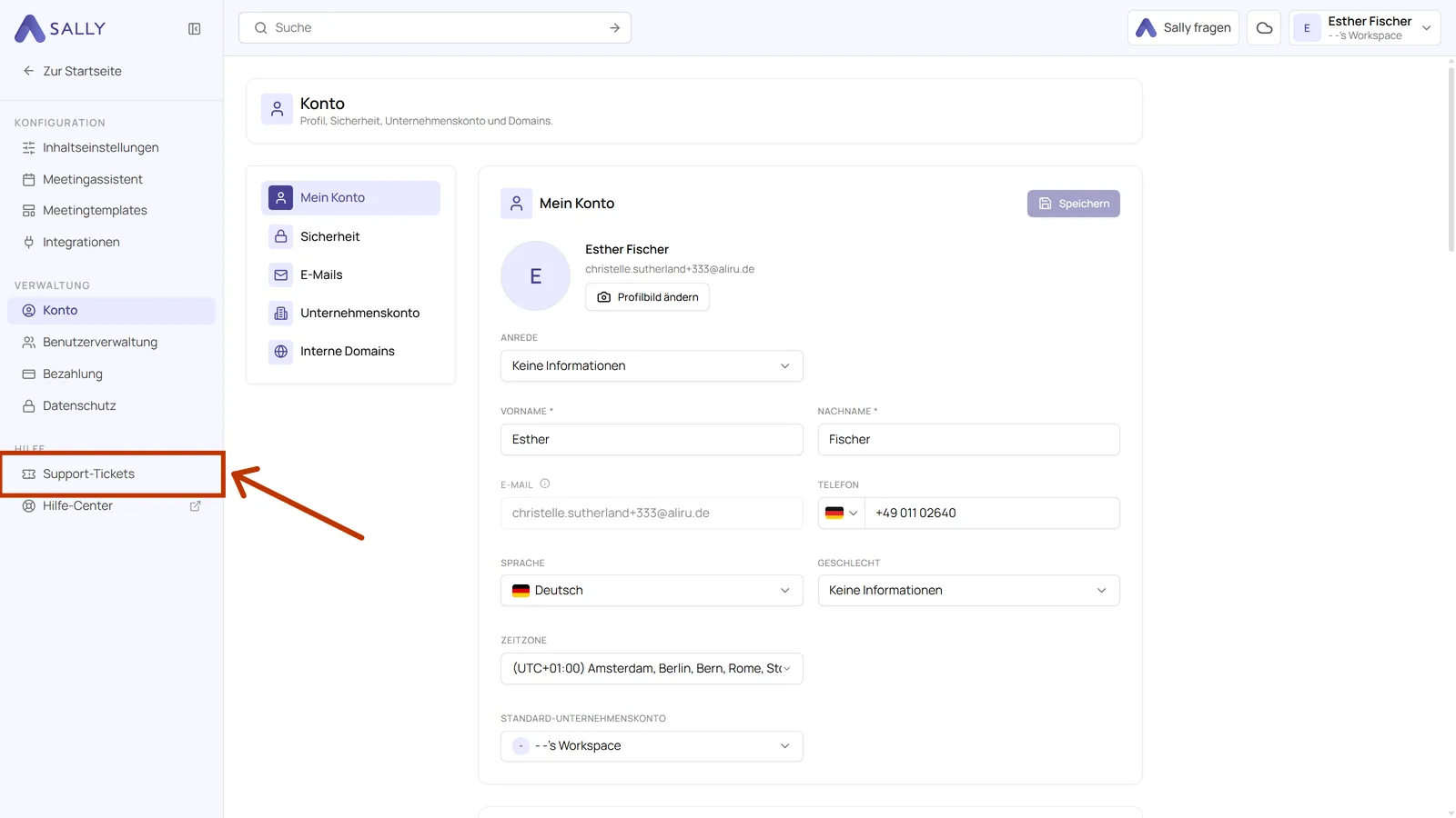 Seitenleiste der Einstellungen von Sally AI mit dem Eintrag Support-Tickets unter Hilfe