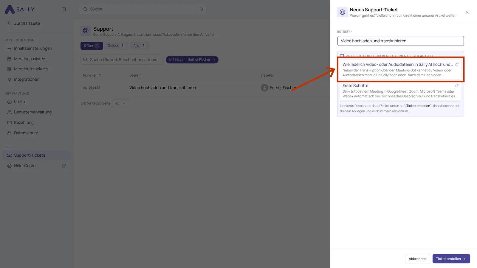 Bereich Neues Support-Ticket mit einem Betreff und den vorgeschlagenen Artikeln aus dem Hilfe-Center
