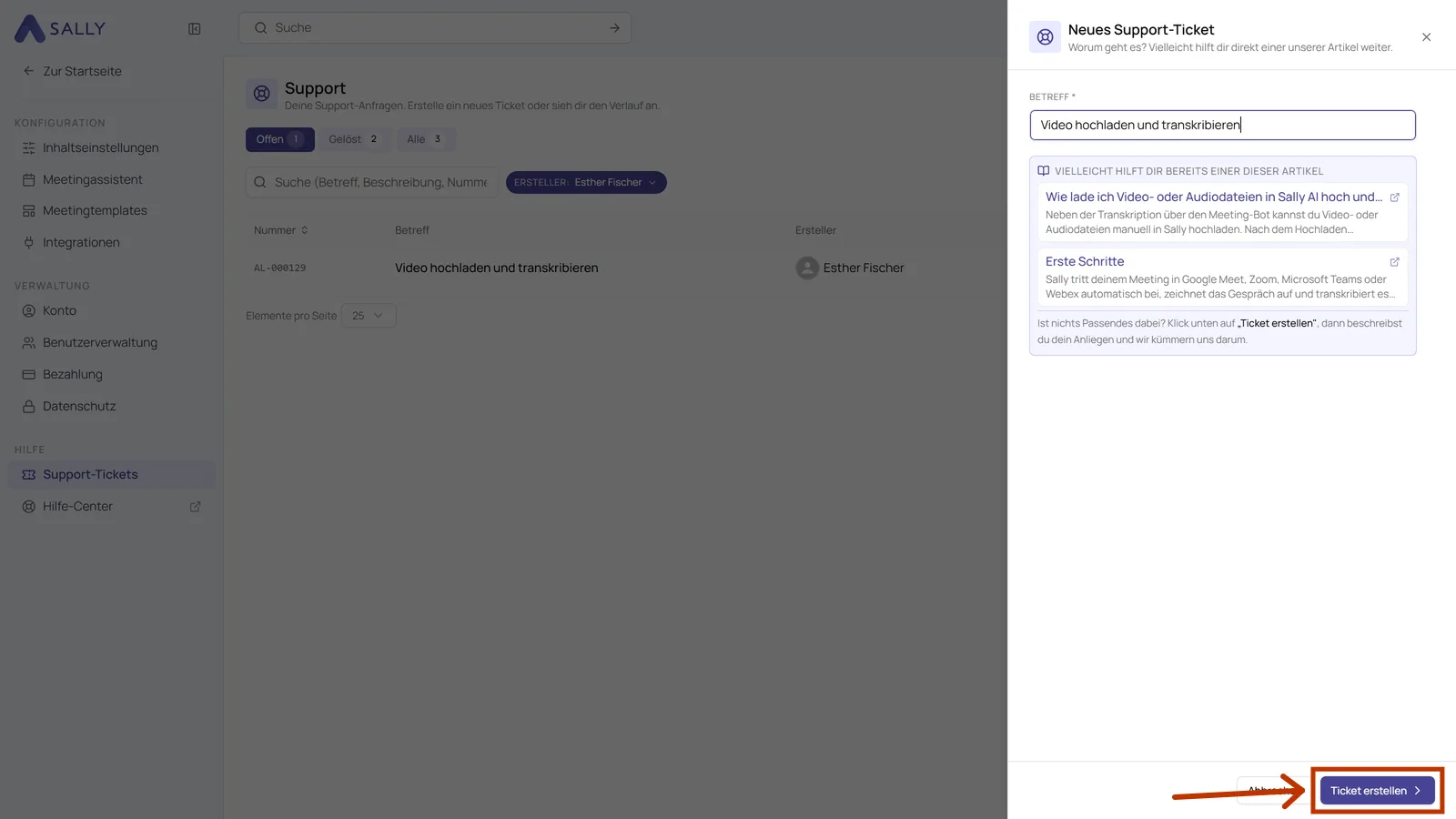 Bereich Neues Support-Ticket mit dem Knopf Ticket erstellen unten rechts