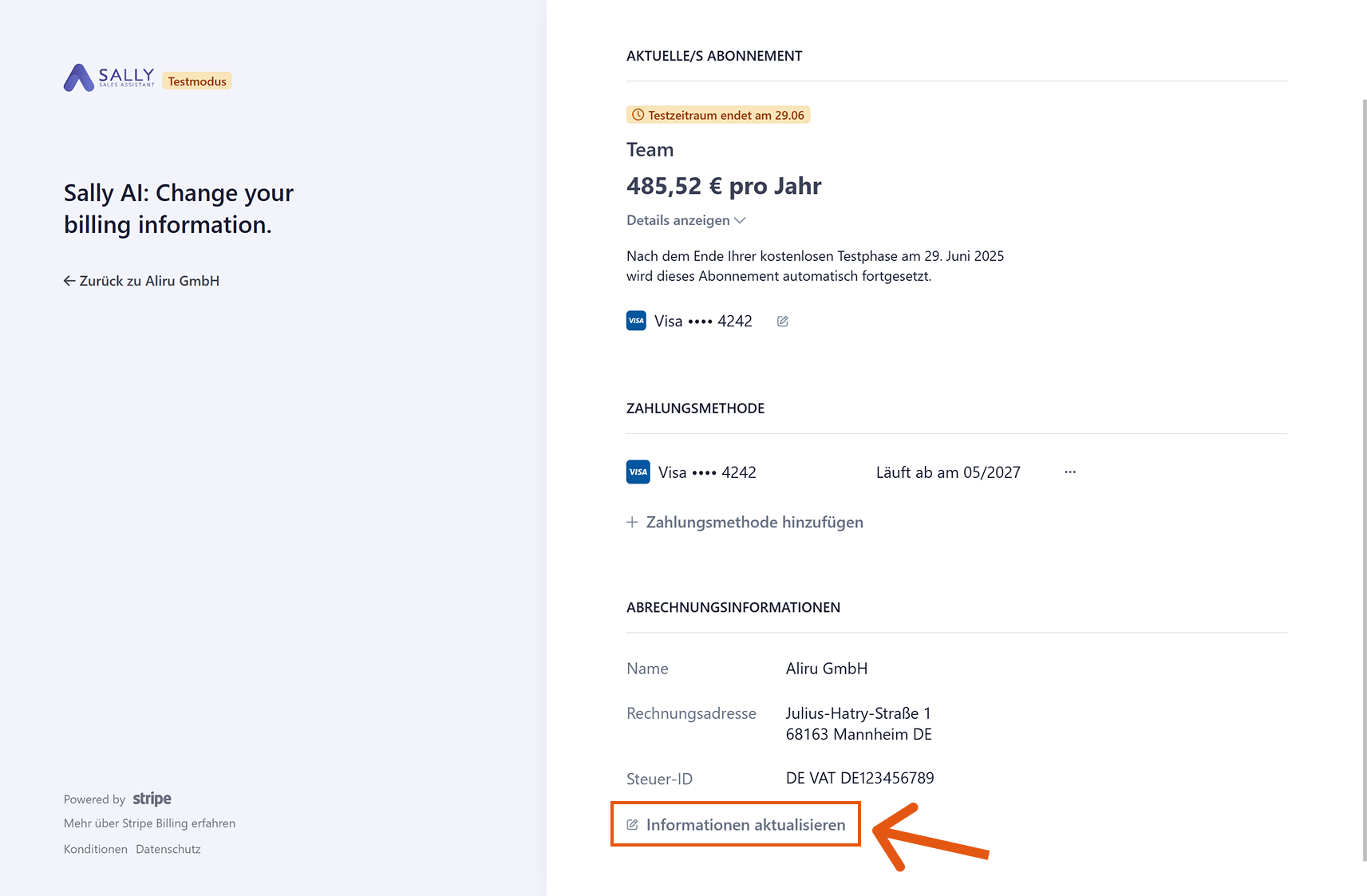 Rechnungsübersicht mit hervorgehobener Schaltfläche Informationen aktualisieren