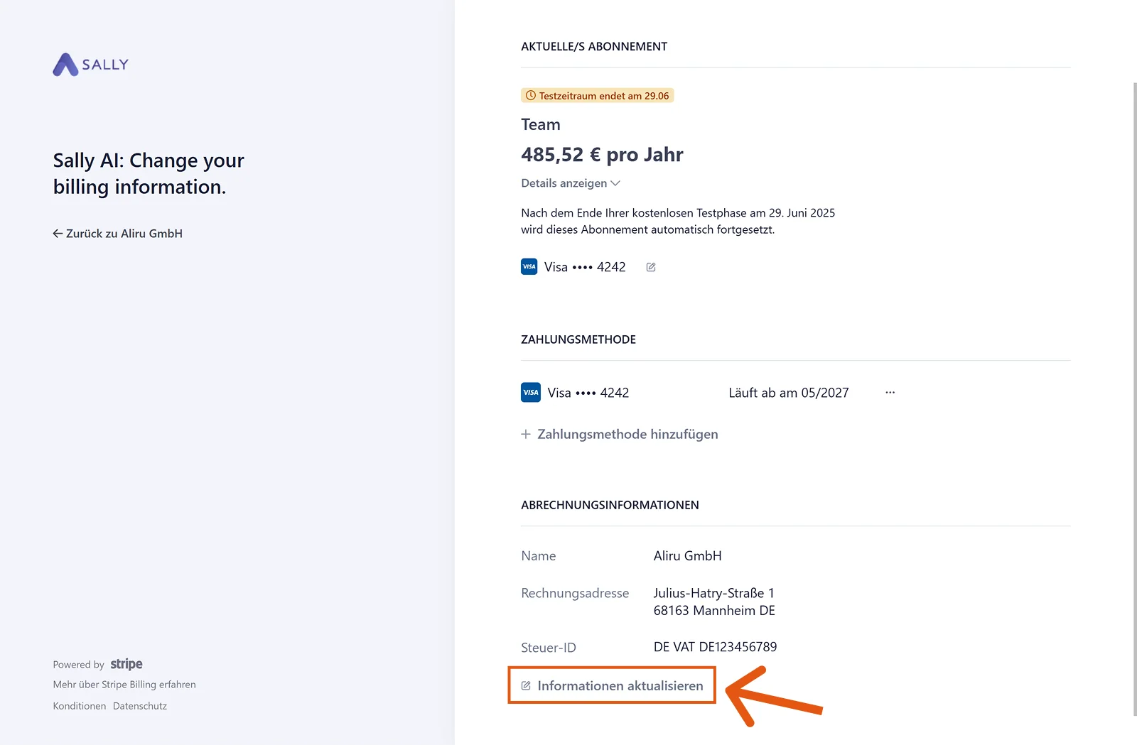 Kundenportal von Stripe mit dem Abschnitt Abrechnungsinformationen und dem markierten Eintrag Informationen aktualisieren