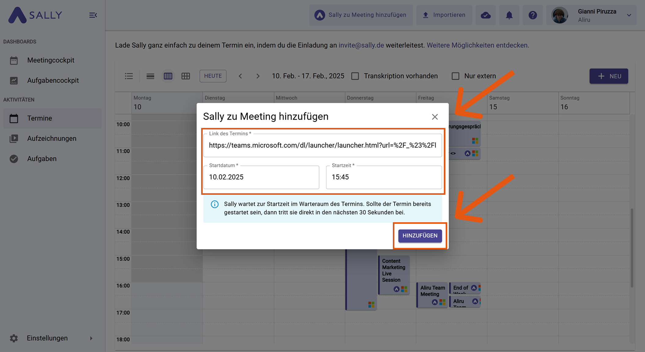 Meeting-Link in Sally einfügen, um sie einzuladen